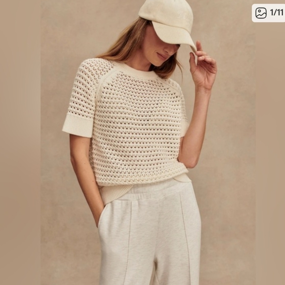 Varley Cream Crochet Short-Sleeve Crew Sweater